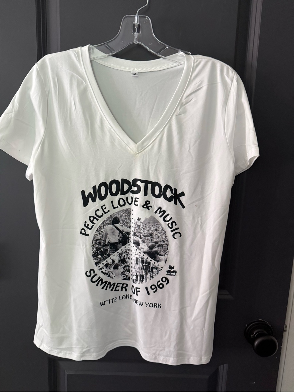 NEW  White Woodstock Peace Love & Music V-Neck Tee